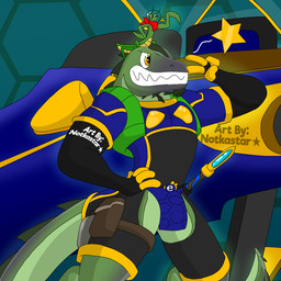 anthro armor bottomwear clothing duo flexing headgear helmet jet_pack kerchief krystal's_staff loincloth male male/male smile spacecraft suit vehicle conditional_dnp notkastar e621 nintendo star_fox arthropod insect lizard mantis reptile scalie zorgon_(zathura) 1:1