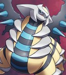 6_legs ambiguous_gender black_sclera blue_eyes claws feral horn simple_background solo wings yellow_body on_ice_(artist) nintendo pokemon altered_forme_giratina generation_4_pokemon giratina legendary_pokemon pokemon_(species) shiny_pokemon absurd_res hi_res