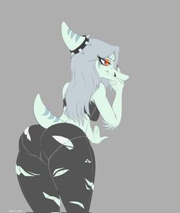 amber_eyes anthro bent_over black_bottomwear black_bra black_clothing black_pants black_underwear blue_body bone_frill bottomwear bra breasts butt claws clothed clothed_anthro clothed_female clothing collar elbow_feathers female finger_claws fingers frill_(anatomy) furgonomic_bottomwear furgonomics grey_background grey_hair hair half-closed_eyes humanoid_hands long_hair markings medium_breasts narrowed_eyes non-mammal_breasts panties pants rear_view short_tail simple_background solo spiked_collar spikes standing striped_markings stripes tail text torn_bottomwear torn_clothing torn_pants underwear white_clothing white_panties white_underwear louiss. cavemanon_studios goodbye_volcano_high ko_op_(game_developer) snoot_game fang_(gvh) prehistoric_species pterosaur reptile scalie artist_name hi_res