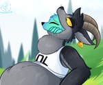 ambiguous_gender ambiguous_prey anthro belly big_belly bloated blue_body blue_fur bodily_fluids clothing crop_top detailed_background duo ear_piercing ear_tag eyes_closed female female/ambiguous female_pred fur grass grey_body grey_fur horizontal_pupils horn logo neck_bulge open_mouth oral_vore outside partially_inside piercing plant pupils saliva shirt sky text text_on_clothing text_on_shirt text_on_topwear topwear tree vore yellow_eyes lapizacuario coffee_stain_studios epic_games fortnite goat_simulator pilgor_(goat_simulator) bovid canid canine caprine goat mammal 2025 artist_logo artist_name hi_res signature
