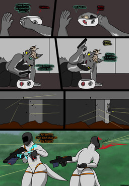 anthro biped blood bodily_fluids bottomwear bullet bullet_wound cargo_pants clothing coolant crop_top death dialogue dismemberment fangs female female_anthro group gun gunfire handgun male pants pistol profanity ranged_weapon rifle sabertooth_(anatomy) ship shirt shot_in_head space_helmet spacecraft spacesuit teeth text topwear trio vehicle watercraft weapon trichternet rhea_(trichternet) felid mammal prehistoric_species saber-toothed_tiger absurd_res comic english_text hi_res gynomorph_(lore)
