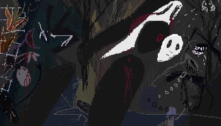 ambiguous_gender black_body blood bodily_fluids group horror_(theme) mask plant red_sclera surrealism tree demensa demon monster unknown_species 2019 digital_media_(artwork) pixel_(artwork)