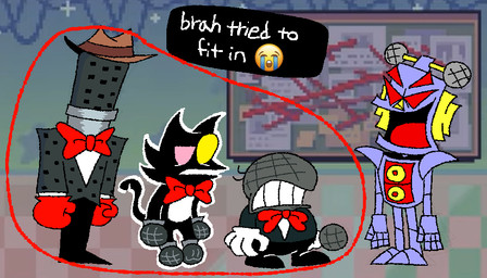 ambiguous_gender anthro biped bow_tie clenched_teeth clothed clothed_humanoid clothing cowboy_hat electronics emoji eyeless gloves group handwear hat headgear headwear heterochromia looking_at_another machine microphone open_mouth screencap screencap_background tail teeth text geminican deltarune nintendo undertale_(series) warioware cat_mike_(deltarune) cowboy_hat_mike_(deltarune) mike_(deltarune) mike_(warioware) small_mike_(deltarune) darkner domestic_cat felid feline felis humanoid mammal robot 2025 aliasing binary_drawing crossover digital_drawing_(artwork) digital_media_(artwork) english_text hi_res meme