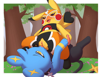 blush clothing cosplay_pikachu_(costume) cunnilingus dominant dominant_female erection female forced forced_oral genitals grass licking male mask nude open_mouth oral outside penis pinned plant sex smile spread_legs spreading tapering_penis tongue tree vaginal vulva katsurou nintendo pokemon pikachu_libre generation_1_pokemon generation_4_pokemon pikachu pokemon_(species) shinx 2025 4:3 absurd_res hi_res