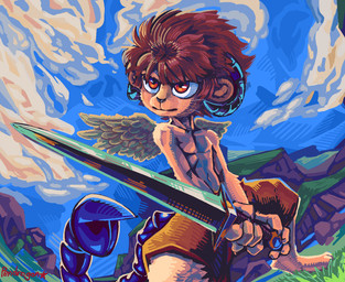 action_pose anthro barefoot blue_sky bottomwear brown_hair cat_smile clothed clothing cloud curled_horn detailed_background digitigrade feathered_wings feathers feet fur hair holding_object holding_weapon horn low-angle_view male melee_weapon orange_eyes pecs pose short_hair shorts sky slim solo stinger stinger_tail sword tail tan_body tan_fur topless weapon wings young actualpendragon banjirou ambiguous_species felid lion mammal pantherine detailed digital_media_(artwork) digital_painting_(artwork) hi_res painting_(artwork)