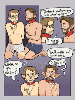 anthro beard brown_hair clothed clothing collar confusion dialogue duo eyewear facial_hair facial_piercing forced forced_transformation glasses hair jewelry male mid_transformation necklace nose_piercing nose_ring piercing ring_piercing simple_background species_transformation speech_bubble text topless topless_male transformation underwear bruciestfs canid canine canis domestic_dog human mammal absurd_res comic english_text hi_res