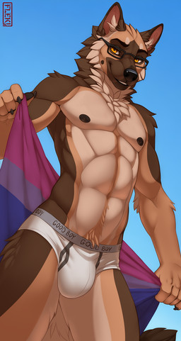 5_fingers anthro areola athletic athletic_anthro athletic_male bisexual_pride_colors black_areola black_claws black_eyebrows black_nipples black_pawpads body_hair brown_body brown_fur bulge cheek_tuft claws clothing eyebrows eyewear facial_tuft fingers flag flag_(object) fur glasses happy_trail holding_flag holding_object inner_ear_fluff lgbt_pride looking_at_viewer male male_anthro navel nipples orange_eyes pawpads pride_colors smile snout solo tan_body tan_fur tuft underwear wearing_glasses fleki canid canine canis domestic_dog german_shepherd herding_dog mammal pastoral_dog hi_res