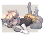 3_toes adolescent anthro barefoot blue_eyes blush bottomwear calves_up clothing ear_twitch feet female female_anthro fur hair hindpaw kemono looking_at_viewer lying on_front one_eye_closed pawpads paws plantigrade shush skirt soles solo tail the_pose toes wink young young_anthro young_female choecoga healingpit canid canine canis mammal wolf 2023 2d_animation 5:4 animated digital_media_(artwork) high_framerate loop motion_tweening no_sound short_playtime webm