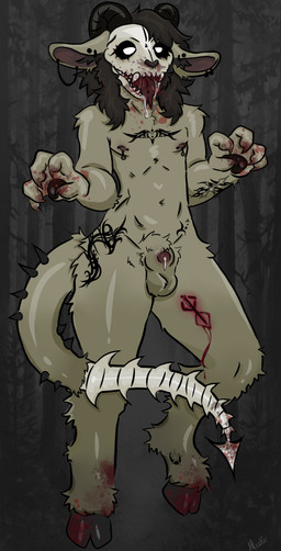 animal_genitalia anthro arm_tattoo blood bodily_fluids bone branding drooling feral forked_tongue genital_fluids genitals knot male male/male precum saliva scary sharp_teeth sheath skull tattoo teeth tongue window po0ochie bovid canid canine canis caprine domestic_dog goat humanoid mammal monster sheep absurd_res hi_res