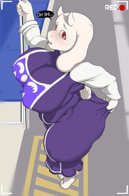 anthro big_breasts biped breasts camera_view clothed clothing detailed_background dialogue eyebrows eyelashes female mature_female pupils recording red_eyes solo speech_bubble text thick_thighs three-quarter_view white_body hamili undertale_(series) toriel bovid caprine mammal english_text hi_res