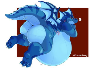 3_toes angry anthro belly belly_overhang big_butt blue_body blue_claws bodily_fluids breath butt claws feet flying male membrane_(anatomy) membranous_wings motion_lines multicolored_body nude obese obese_anthro obese_male orange_eyes overweight overweight_anthro overweight_male panting red_background scales scar simple_background solo sweat sweatdrop tail text thick_tail toe_claws toes two_tone_body ventral_scales wings yellow_sclera technocaster mythology dragon mythological_creature mythological_scalie scalie absurd_res artist_name hi_res