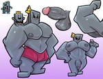 abs big_pecs bottomwear clothing duo genitals grey_body looking_at_viewer male muscular pecs penis pink_bottomwear pink_clothing pink_shorts rock shorts showing_off_muscles simple_background white_background denilsexo whomp_king hi_res shaded