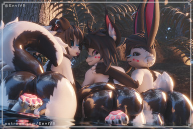 anthro athletic band-aid bandage bent_over big_butt black_body black_fur black_hair black_nose blep blue_eyes butt collar forest fur group hair lake light looking_at_viewer male male/male nude partially_submerged pawpads plant slightly_chubby slightly_chubby_male smug sunlight tongue tongue_out tree trio wet white_body white_fur envivr blender_cycles envi(sona) arflin_(species) canid canine caracal caracal_(genus) felid feline lagomorph leporid mammal rabbit 3:2 3d_(artwork) blender_(artwork) digital_media_(artwork) hi_res