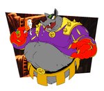 4_fingers anthro belly belly_rolls belt big_belly biped bodily_fluids chubby_cheeks clothing fat_rolls fingers food fur gloves grey_body grey_fur handwear male meat open_mouth overweight overweight_anthro overweight_male purple_clothing red_clothing red_gloves red_handwear saliva sharp_teeth simple_background spiked_clothing spikes teeth tongue tongue_out yellow_eyes boot_(artist) link:_the_faces_of_evil nintendo the_legend_of_zelda lupay_(tloz) canid canine canis mammal wolf 2020 digital_media_(artwork)