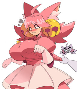 accessory bell big_breasts blush bottomwear breasts clothing clothing_pull cowlick disembodied_hand duo eyelashes fangs female female_humanoid frilly frilly_bottomwear frilly_clothing frilly_skirt gloves hair hair_accessory handwear inner_ear_fluff jewelry looking_down necklace paw_pose pink_hair pose puffy_sleeves short_hair skirt teeth tied_hair tuft white_clothing cyberlord1109 deltarune undertale_(series) mad_mew_mew mew_mew_(undertale) pink_(deltarune) animal_humanoid felid felid_humanoid feline feline_humanoid humanoid mammal mammal_humanoid 2026 digital_drawing_(artwork) digital_media_(artwork) hi_res