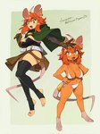 4_toes 5_fingers anthro blush bra breasts claws clothed clothed_anthro clothed_female clothing feet female finger_claws fingers fur gloves green_eyes hair hand_on_hip hand_on_own_hip handwear legwear looking_at_viewer open_mouth open_smile orange_body orange_fur orange_hair panties simple_background smile solo standing tail teeth thigh_highs toes tongue topwear underwear underwear_only kame_3 mammal mouse murid murine rodent 2025 digital_media_(artwork) hi_res