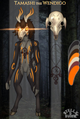 anthro antlers bone bone_mask brown_hair color_swatch deer_skull dreamcatcher facial_markings fingerless_(marking) fur glowing glowing_eyes grey_body grey_fur grey_tail hair head_markings hooves horn jewelry male markings mask multicolored_body necklace orange_antlers orange_eyes orange_markings photo_background scut_tail short_tail skull skull_mask solo striped_markings stripes tail text three-quarter_view two_tone_antlers two_tone_tail unguligrade white_antlers stellaamoris american_mythology indigenous_north_american_mythology mythology north_american_mythology tamashi_(stellaamoris) wendigo absurd_res alternate_version_at_source character_name digital_media_(artwork) digital_painting_(artwork) english_text full-length_portrait hi_res mixed_media model_sheet painting_(artwork) photography_(artwork) portrait species_name