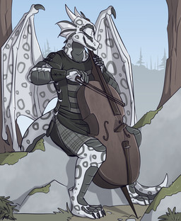 2_horns anthro back_wings biped black_clothing black_spots bowed_string_instrument cello claws closed_smile clothed clothing day digitigrade ear_frill eyebrows eyes_closed frill_(anatomy) grey_body holding_musical_instrument holding_object horn leopard_spots male markings membrane_(anatomy) membranous_wings mouth_closed musical_instrument on_rock outside plant playing_music rock sitting sitting_on_rock smile solo spots spotted_body string_instrument tree wings fuf european_mythology mythology icedragon dragon mythological_creature mythological_scalie scalie western_dragon 2019 hi_res
