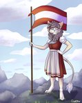 4_toes 5_fingers amber_eyes anthro austria austrian_flag brown_hair clothing cloud digitigrade dress feet female fingers flag flag_(object) fur hair hand_on_hip holding_flag holding_object looking_at_viewer mountain outside sky smile solo standing tan_body tan_fur toes traditional_dress gwensy alyona_the_floof bat canid canine fox mammal hi_res signature