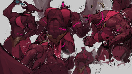 abs anthro big_breasts bottomwear breasts clothing crop_top drinking female gold_(metal) gold_jewelry growth growth_sequence horn jewelry loincloth muscle_growth muscular muscular_anthro muscular_female non-mammal_breasts potion rear_view red_body red_eyes red_scales roaring scales scar shirt solo spread_wings tail topwear wings glewes mythology dragon mythological_creature mythological_scalie scalie absurd_res hi_res sketch_page