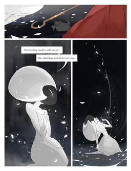 anthro biped black_body cloak clothing detailed_background dialogue duo dying empty_eyes female female_anthro female_humanoid head_back kneeling mouthless narrowed_eyes pain red_cloak red_clothing solo_focus speech_bubble talking_to_another text white_body white_eyes darkdog hollow_knight:_silksong hollow_knight_(franchise) team_cherry hornet_(hollow_knight) lace_(hollow_knight:_silksong) arthropod humanoid 2025 absurd_res comic digital_drawing_(artwork) digital_media_(artwork) english_text hi_res