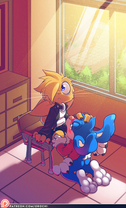 3_toes 4_fingers aged_down animal_genitalia animal_penis anthro balls black_clothing black_jacket black_penis black_topwear blonde_hair blue_body blue_eyes blue_fur blue_hair blush bodily_fluids bottomless butt canon_x_oc chair claws clothed clothed_sex clothing cum cum_in_mouth cum_inside cum_on_balls cum_on_penis desk detailed_background duo equine_genitalia equine_penis erection feet fellatio finger_claws fingers fur furniture genital_fluids genitals hair hand_on_head head_grab inside jacket kneeling light male male/male male_penetrated male_penetrating male_penetrating_male mismatched_animal_penis mismatched_genitalia mismatched_penis multicolored_body multicolored_fur on_desk on_ground oral oral_penetration orange_body orange_fur patreon_logo penetration penile penis school sex sitting sunlight table text toe_claws toes topwear two_tone_body two_tone_fur website_logo white_body white_fur window young young_anthro 0r0ch1 patreon tiny_toon_adventures warner_brothers 0r0 buster_bunny lagomorph leporid mammal rabbit 2017 digital_drawing_(artwork) digital_media_(artwork) hi_res url