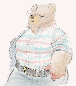 4_fingers anthro belt belt_buckle big_breasts biped black_belt black_eyes black_lips black_nose blood blood_on_hand blue_bottomwear blue_clothing blue_jeans blue_pants bodily_fluids bottomwear breasts brown_body brown_ears brown_fur buckle button_(fastener) cheek_tuft closed_smile clothed clothed_anthro clothed_female clothing collared_shirt denim denim_bottomwear denim_clothing eyelashes facial_markings facial_tuft female fingers fully_clothed fully_clothed_anthro fully_clothed_female fur fur_tuft glistening glistening_nose head_markings head_tuft heart_symbol humanoid_hands iris jeans light_body light_fur lips long_eyelashes looking_at_viewer markings mature_anthro mature_female monotone_background mouth_closed multicolored_clothing multicolored_shirt multicolored_topwear muzzle_(marking) no_pupils one_eye_closed one_eye_half-closed overweight overweight_anthro overweight_female pants partial_speech_bubble pattern_clothing pattern_shirt pattern_topwear plaid plaid_clothing plaid_shirt plaid_topwear pseudo_hair red_heart rolled_up_sleeves round_ears shirt simple_background smile smiling_at_viewer snout solo speech_bubble standing tan_inner_ear tan_markings thick_arms thick_thighs three-quarter_view topwear tuft whisker_spots white_background white_sclera white_speech_bubble wink winking_at_viewer isaacelegante beneath_the_trees_where_nobody_sees samantha_strong bear mammal 2025 colored_sketch digital_drawing_(artwork) digital_media_(artwork) hi_res portrait sketch three-quarter_portrait