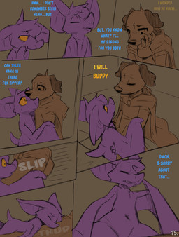ambiguous_gender anthro big_ears blue_text cloak clothed clothing comic_panel dialogue duo eyes_closed machine purple_body text white_text wings yellow_eyes yellow_text conditional_dnp dacad tyler_(dacad) zipper_(dacad) bat canid canine mammal comic english_text hi_res restricted_palette