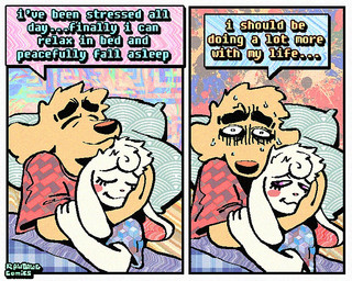 2_panel_comic anthro blush blush_stickers bodily_fluids cheek_spots clothing cuddling dialogue duo ears_down eyes_closed floppy_ears fur half-closed_eyes humor male narrowed_eyes pivoted_ears shirt smile speech_bubble sweat sweatdrop t-shirt text topwear white_body white_fur yellow_body yellow_fur rawdawgcomics bingus_(rawdawgcomics) stahli_(rawdawgcomics) bird_dog canid canine canis domestic_dog golden_retriever hunting_dog lagomorph leporid mammal rabbit retriever 5:4 comic english_text