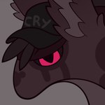 ambiguous_gender baseball_cap big_ears big_eyes black_hair black_sclera clothed clothed_ambiguous clothing countershading eye_markings facial_markings fluffy_ears front_view fur grey_background hair hat head_markings headgear headwear inner_ear_fluff lidded_eyes markings mottled mottled_body mouthless noseless pink_eyes pupils purple_body purple_countershading purple_fur purple_inner_ear purple_markings simple_background slit_pupils snout solo tapering_snout tear_(marking) text text_on_baseball_cap text_on_clothing text_on_hat text_on_headwear thick_neck three-quarter_view toony tuft emionix jayk_(emx) hoofbeast omnibeast omnigon omnitope 1:1 artist_name english_text flat_colors headshot_portrait hi_res icon portrait nonbinary_(lore)