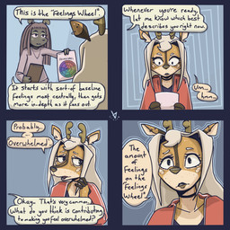 4_panel_comic anthro blonde_hair clipboard clothing dialogue ear_piercing female freckled_face freckles hair horn jacket jewelry long_hair necklace piercing speech_bubble text therapy topwear bbravaa phoebe_(bbravaa) deer mammal 1:1 colored comic english_text hi_res