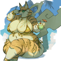 anthro belly beverage big_breasts bikini bracelet breasts clothing eyelashes eyewear female fur fur_markings gold_bikini holding_beverage holding_object jewelry looking_at_viewer markings navel nude overweight overweight_anthro overweight_female palm_tree plant solo striped_body striped_fur stripes sunglasses swimwear tree two-piece_swimsuit hyploom golden_week cass_(hyploom) canid canine fox mammal 1:1 2026 absurd_res hi_res