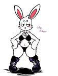 anthro blush boots bra clothing female footwear frown fur half-closed_eyes hand_on_hip narrowed_eyes panties shoes simple_background solo standing text thick_thighs underwear white_background white_body white_fur wide_hips mangneto cupcake_(oriole) lagomorph leporid mammal rabbit digital_media_(artwork) english_text