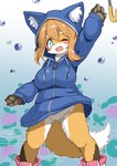 anthro big_breasts blue_clothing blue_hoodie blue_topwear boots bottomless bottomless_anthro bottomless_female breasts butt butt_from_the_front clothed clothing female female_anthro fluffy fluffy_tail footwear genitals hoodie innie_pussy jacket kemono looking_at_viewer no_underwear one_eye_closed partially_clothed partially_clothed_anthro partially_clothed_female presenting presenting_pussy pussy raining shoes smile smiling_at_viewer solo tail topwear wink winking_at_viewer koorinezumi canid canine fox mammal hi_res