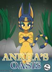 anthro big_breasts black_nose blue_hair breasts clothing convenient_censorship covering covering_breasts covering_crotch covering_self egyptian female hair jewelry looking_at_viewer markings navel nude oasis outside plant rock skinny_dipping solo stripes tail tail_markings text_censor water yellow_body luckster1234 animal_crossing nintendo ankha_(animal_crossing) domestic_cat felid feline felis mammal comic cover cover_art cover_page digital_media_(artwork) hi_res