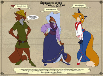 anthro belt belt_buckle black_facial_markings black_markings blue_slippers buckle clothing dialogue different_styles ears_up eyes_closed facial_markings female footwear group head_markings headdress male markings narrowed_eyes paintbrush_tail red_slippers shoes slippers smile standing tail trio sir_paulus disney robin_hood_(disney) lisabeth_(lord_paulus) maid_marian robin_hood canid canine canis fox mammal hi_res