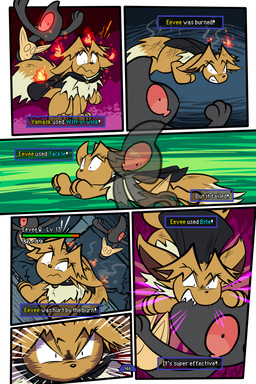 6_panel_comic ambiguous_gender attack battle bite black_cape black_clothing black_eyes black_nose blue_text brown_body brown_fur brown_hair cape clenched_teeth clothing dot_pupils eyebrows eyelashes feral fire fluffy fluffy_tail fur gameplay_mechanics group gui hair health_bar inner_ear_fluff looking_at_another mask mouth_closed page_number paws quadruped sharp_teeth tail teeth text text_box toony trio tuft white_sclera white_text yellow_text virmir nintendo pokemon pokemon_mystery_dungeon spike_chunsoft virmir_(character) eevee generation_1_pokemon generation_5_pokemon pokemon_(species) yamask 2:3 absurd_res comic english_text hi_res signature male_(lore)