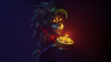 anthro birthday_candle cake carrot_cake claws dessert female fingers food green_claws green_highlights highlights_(coloring) holding_cake holding_food holding_object machine on_model solo anonamine five_nights_at_freddy's five_nights_at_freddy's:_security_breach scottgames steel_wool_studios roxanne_wolf animatronic canid canine canis mammal robot wolf 16:9 2025 3d_(artwork) digital_media_(artwork) hi_res widescreen
