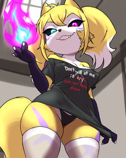anthro black_body black_fur blue_eyes breasts clothing dark_sclera female fire fireball fur grin heterochromia horn legwear looking_at_viewer looking_down low-angle_view markings panties purple_eyes shirt shortstack shortstack_female skindentation smile solo stockings t-shirt text topwear underwear white_body white_fur yellow_body yellow_fur furball bandai_namco digimon renimpmon renimpmon_x canid canine demon digimon_(species) fox hybrid imp mammal 4:5 hi_res meme