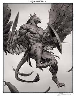 abs anthro arrow_(weapon) beak biceps bottomwear claws clothed clothing feathered_wings feathers flying holding_melee_weapon holding_object holding_shield holding_sword holding_weapon loincloth male melee_weapon muscular muscular_anthro muscular_male open_mouth pecs ranged_weapon shield simple_background solo sword topless weapon wings taran_fiddler mythology avian gryphon mythological_avian mythological_creature werecreature 2020 4:5 digital_media_(artwork) greyscale hi_res monochrome