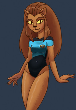 anthro biped black_clothing black_leotard blue_clothing blue_leotard breasts brown_body brown_ears brown_eyebrows brown_fur brown_hair brown_nose camel_toe clothed clothed_anthro clothed_female clothing eyebrows female female_anthro front_view fur grey_background hair leotard long_hair medium_breasts mouth_closed multicolored_clothing multicolored_leotard navel_outline nipple_outline pupils short_sleeves simple_background slit_pupils solo standing two_tone_clothing two_tone_leotard yellow_eyes spacechoochoo star_trek star_trek_the_animated_series m'ress caitian felid mammal 2025 hi_res portrait three-quarter_portrait
