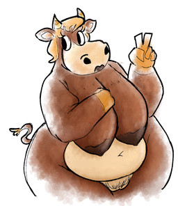 anthro belly big_belly big_breasts breasts brown_body dark_nipples female genitals gesture hand_gesture overweight pubes sagging_breasts solo standing thick_thighs v_sign vulva wide_hips berifakku animal_crossing nintendo patty_(animal_crossing) bovid bovine cattle mammal hi_res