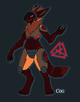 anthro black_claws claws fur horn machine male orange_body orange_fur orange_stripes red_body red_fur red_light screen screen_face solo stripes frostwyrm102 protogen