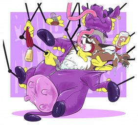 4_fingers anthro biped brown_body brown_fur clothed clothing costume cow_costume cowbell fingers force_feeding forced fur glistening glue grey_hair hair latex lock machine padlock solo toony trapped white_body white_fur nickwolf koebi canid canine canis mammal wolf digital_drawing_(artwork) digital_media_(artwork)