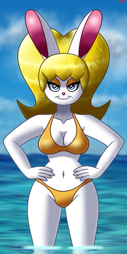 anthro big_breasts bikini blonde_hair blue_eyeshadow breasts clothing eyeshadow female fur gold_bikini gold_eyeshadow hair makeup sea solo swimwear thick_thighs two-piece_swimsuit water wave white_body white_fur wide_hips superskullz golden_week angel_lap lagomorph leporid mammal rabbit 1:2 absurd_res hi_res male_(lore)
