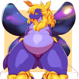 antennae_(anatomy) anthro belly big_belly blush breasts butt butt_from_the_front claws featureless_breasts female fluffy fur genitals non-mammal_breasts nude overweight overweight_anthro overweight_female purple_body purple_scales scales smile solo vulva wings yellow_body yellow_eyes yellow_fur trinity-fate62 stardust_(zephyr) arthropod furred_kobold furred_scalie hybrid insect kobold lepidopteran moth mothbold scalie 1:1 2018 absurd_res digital_media_(artwork) hi_res shaded