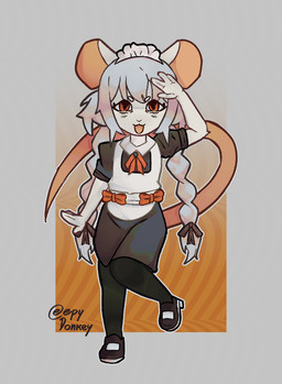 anthro big_ears bottomwear clothed clothing female footwear fur gesture hair headgear headwear long_tail maid_uniform orange_eyes ponytail ribbons shoes skirt smile solo tail uniform white_body white_fur young eepy_donkey puella_magi puella_magi_madoka_magica nagisa_momoe hi_res