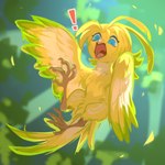 ambiguous_gender beak blonde_hair blue_eyes blurred_background feathered_wings feathers feral green_body green_feathers green_wings hair open_mouth pink_tongue solo tongue wings yellow_body yellow_feathers yellow_wings corzh77 avian 1:1 absurd_res hi_res