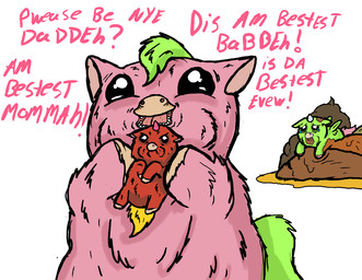 1_horn abuse ambiguous_gender bodily_fluids child_abuse crying featureless_crotch feces feces_in_mouth feces_pile feral fur green_body green_fur green_hair green_tail group grumpy hair horn lifting_another neonate open_mouth pink_body pink_fur pink_horn pink_text red_body red_fur simple_background tail talking_to_another tears teeth text trio white_background yellow_tail young young_ambiguous young_feral carniviousduck fluffy_pony fluffy_pony_(species) mammal