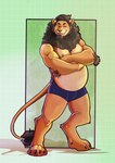 anthro beard black_hair clothed clothing crossed_arms facial_hair fur green_background green_eyes hair long_hair looking_at_viewer male musclegut muscular muscular_male nipples simple_background smile solo standing tan_body tan_fur underwear schesta kodiak_(kodiak079) felid lion mammal pantherine hi_res model_sheet